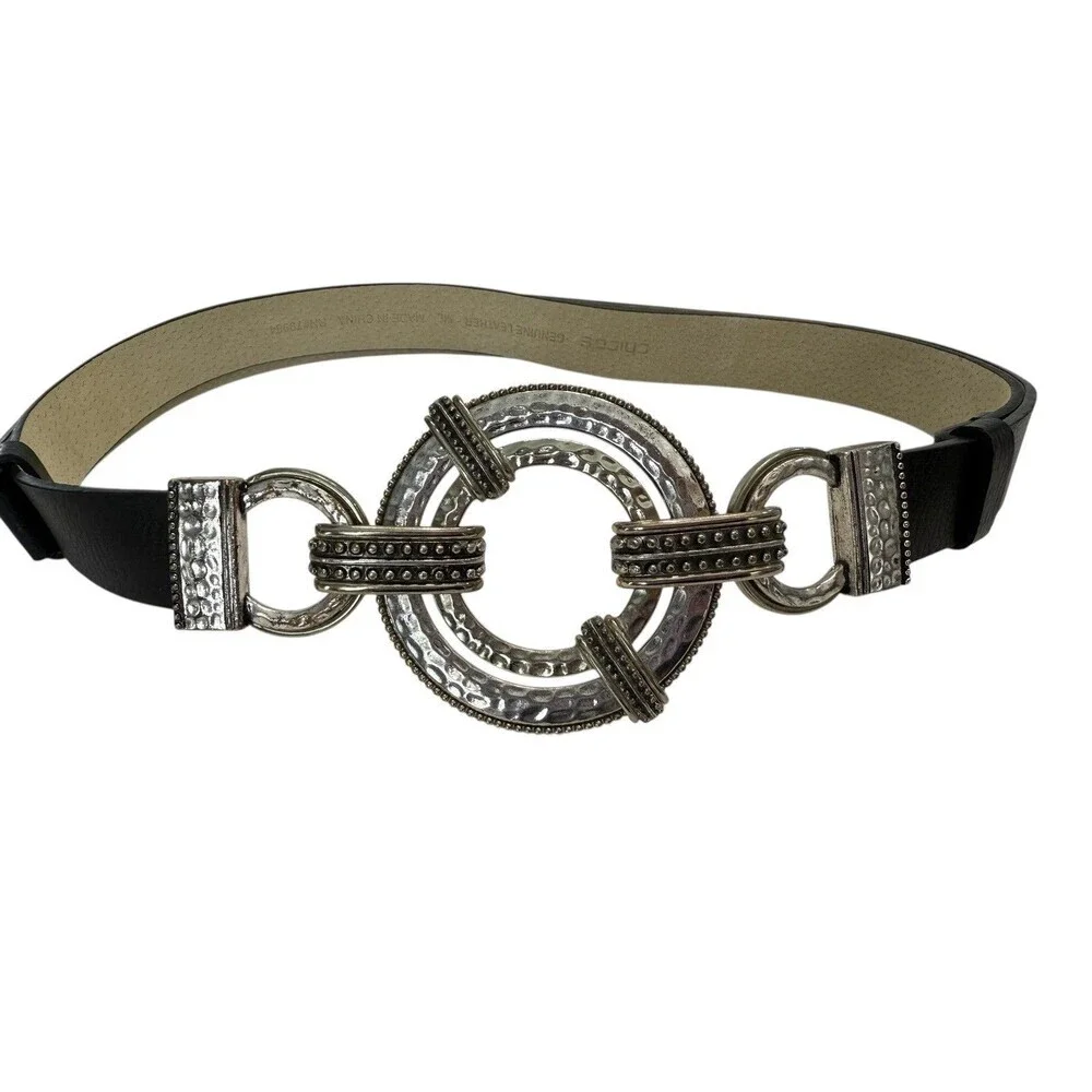 Chico's Black Leather Adjustable Belt Silver Hook Buckle Size M/L Retro Y2K